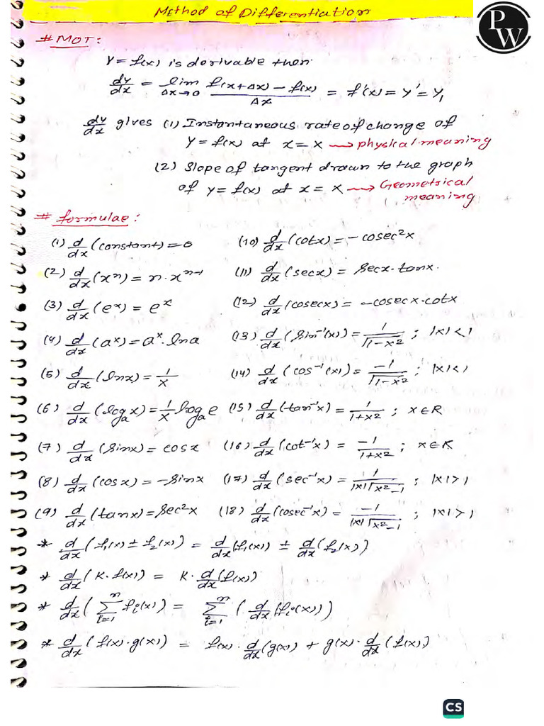 Method of Differentiation Handwritten Notes | PDF