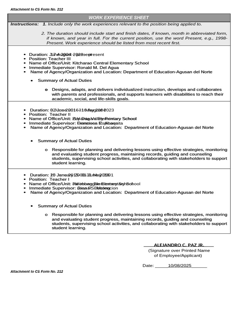 ANNEX H 2 CS Form No. 212 Attachment Work Experience Sheet | PDF ...