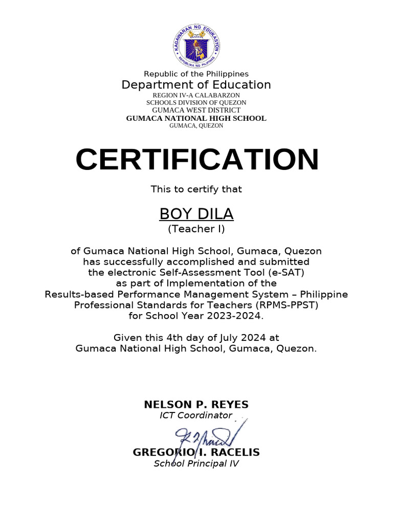 e-SAT Certificate for Teacher I 2024 | PDF