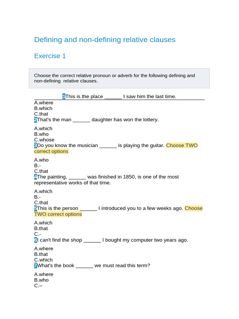Defining and Non Defining Clauses Exercises | PDF