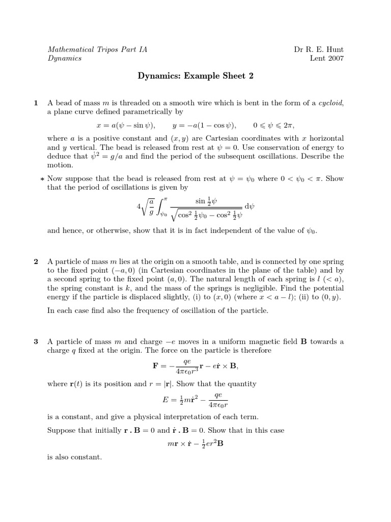 Dynamics Example Sheet 2 Solutions | PDF | Collision | Motion (Physics)