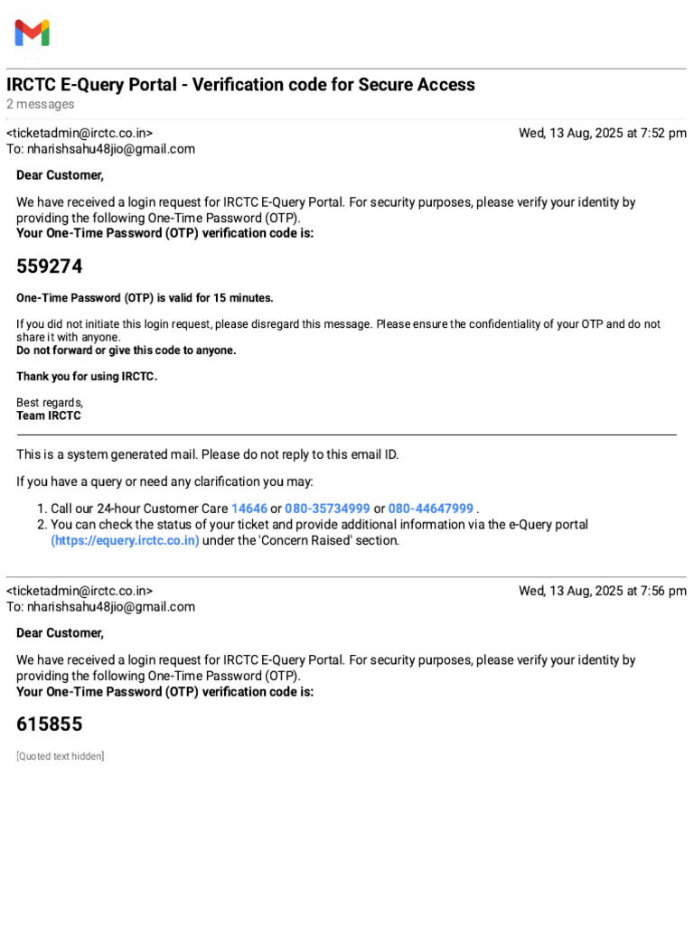IRCTC E-Query Portal OTP Notification | PDF