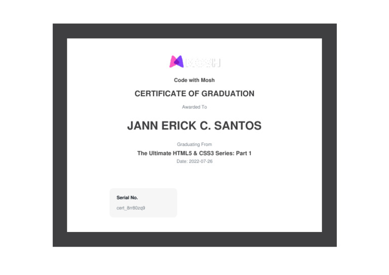 HTML5 & CSS3 Certificate - Jann Santos | PDF