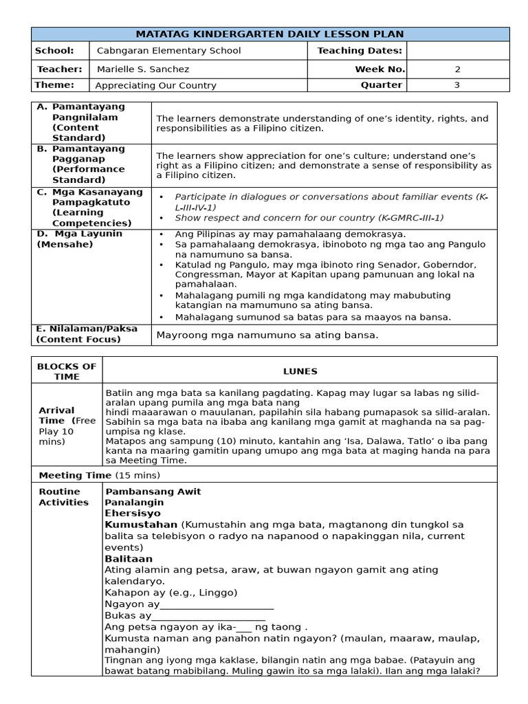 Matatag Kindergarten Daily Lesson Plan q3 w2 | PDF