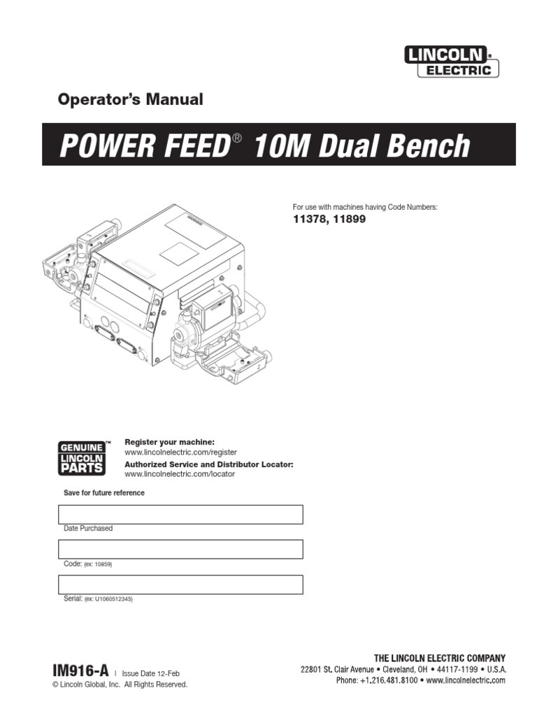 Power Feed 10M Dual Bench: Operator's Manual | PDF | Welding | Construction