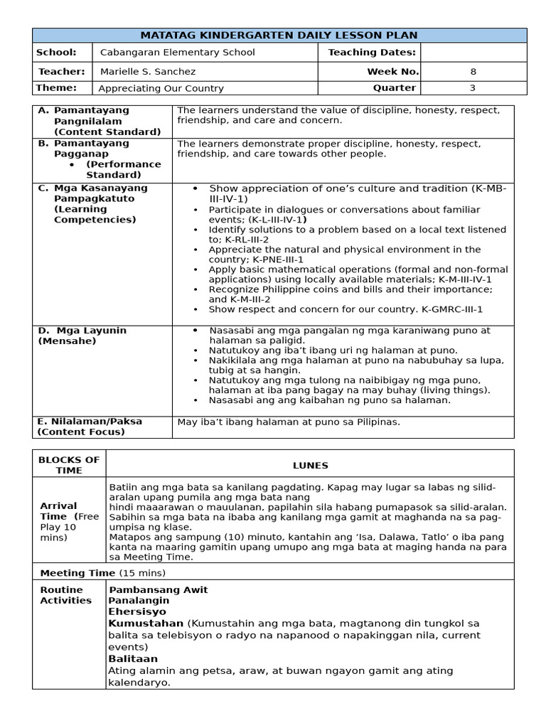Matatag Kindergarten Daily Lesson Plan q3 w8 | PDF