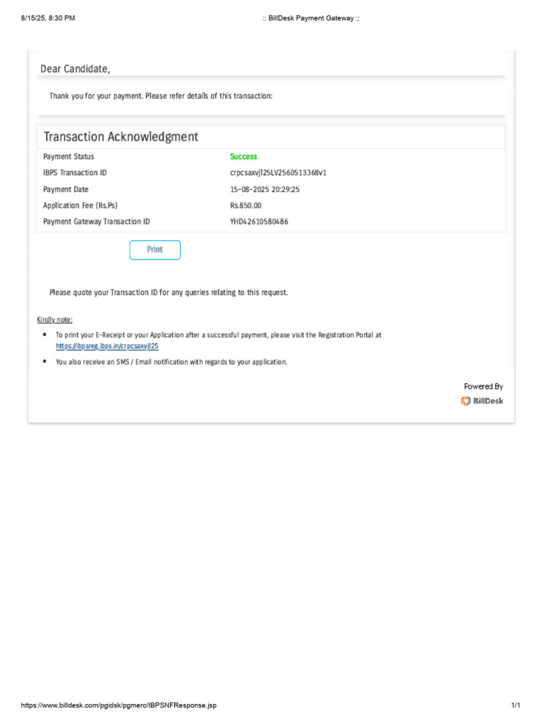 IBPS Transaction Acknowledgment Receipt | PDF