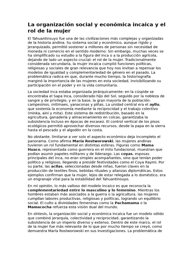 Rol de la mujer en la sociedad incaica | PDF | Imperio Inca | Andes