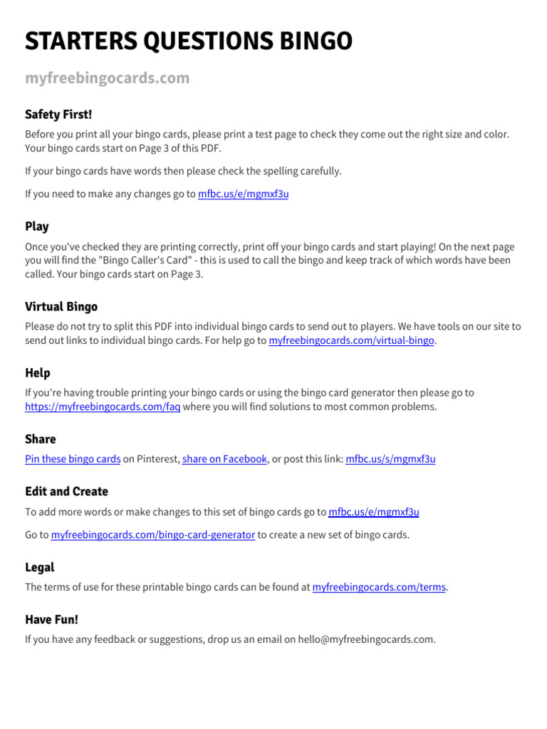 Starters Questions Bingo Cards | PDF | Play (Activity) | Gaming