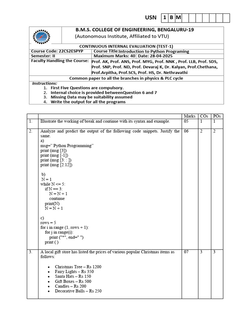 Python Programming Test Questions | PDF | Computer Programming ...