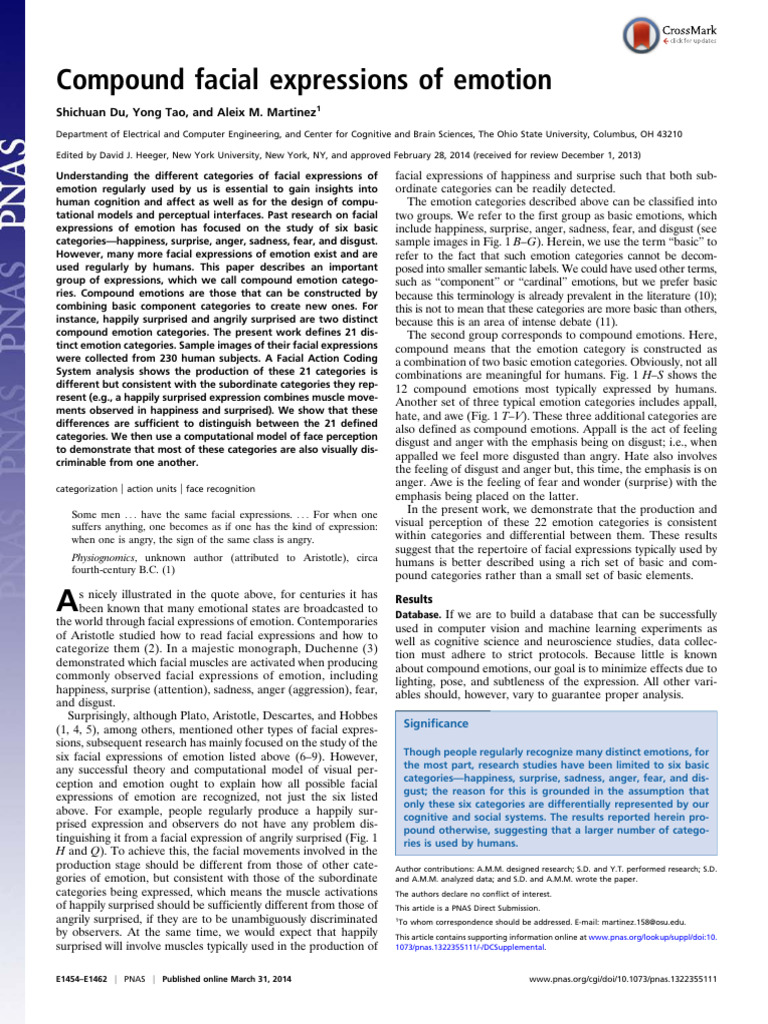 Du Et Al 2014 Compound Facial Expressions of Emotion | PDF | Emotions ...