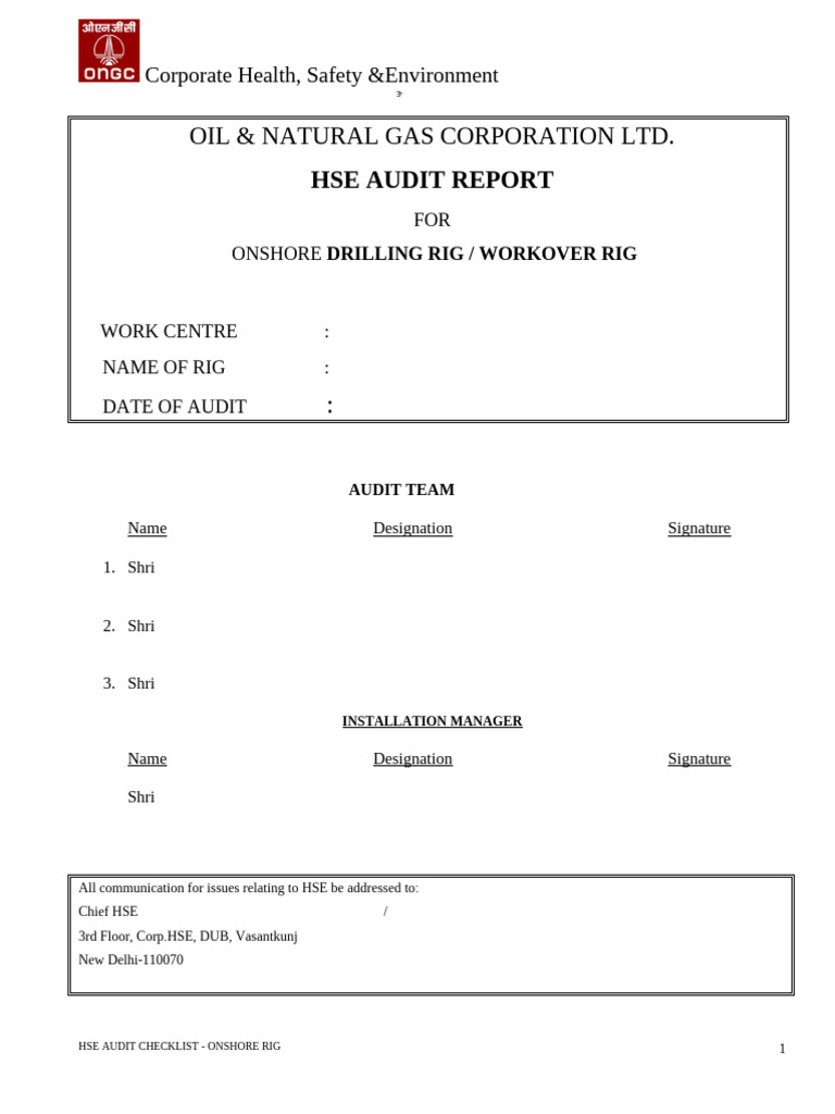 HSE Audit Report for Onshore Drilling Rig | PDF