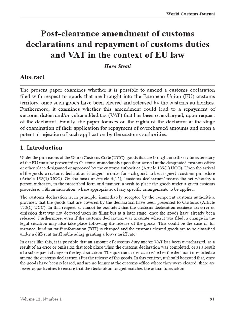 Post Clearance Amendment of Customs Declarations and Repayment of ...