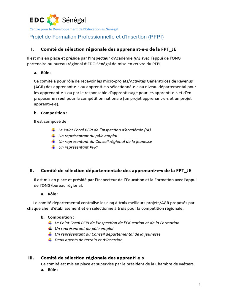 Comités de Sélection du PFPI au Sénégal | PDF
