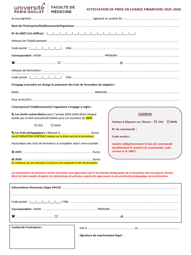 Attestation de Prise en Charge 2025-2026 | PDF