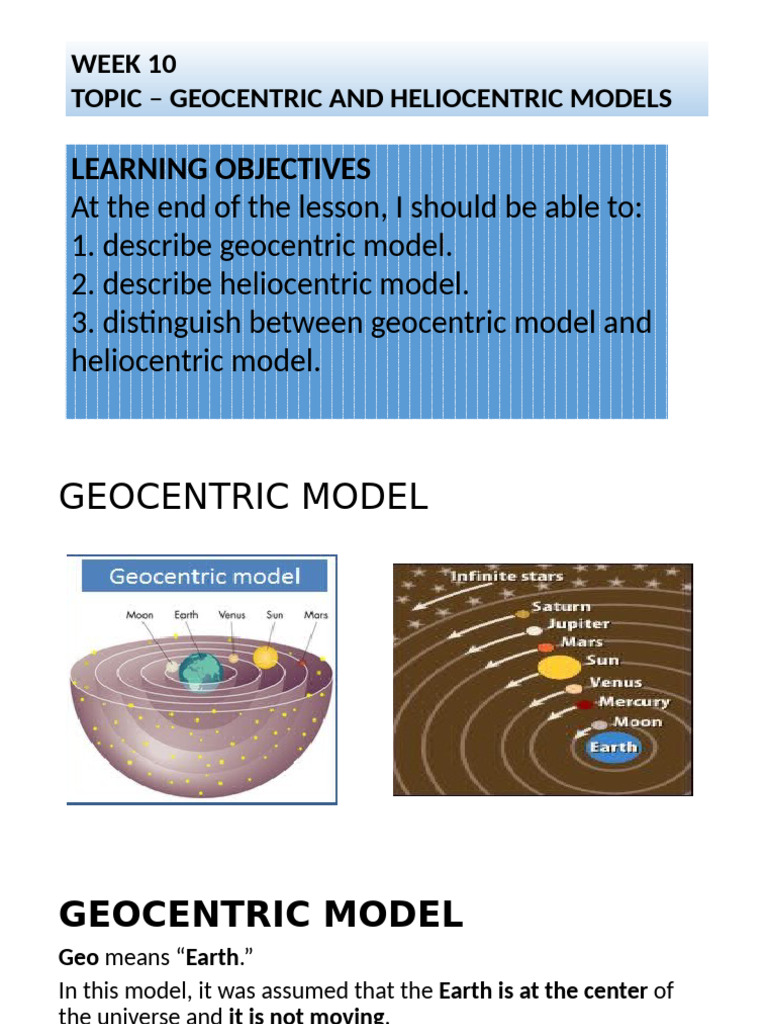 Week 10 Geocentric and Heliocentric Models | PDF
