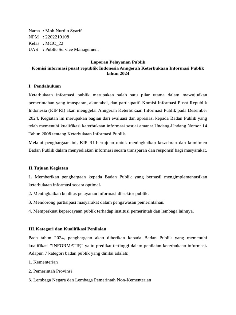 Uas Public Service Management - Moh. Nurdin Syarif - 2202210108 - MGC | PDF