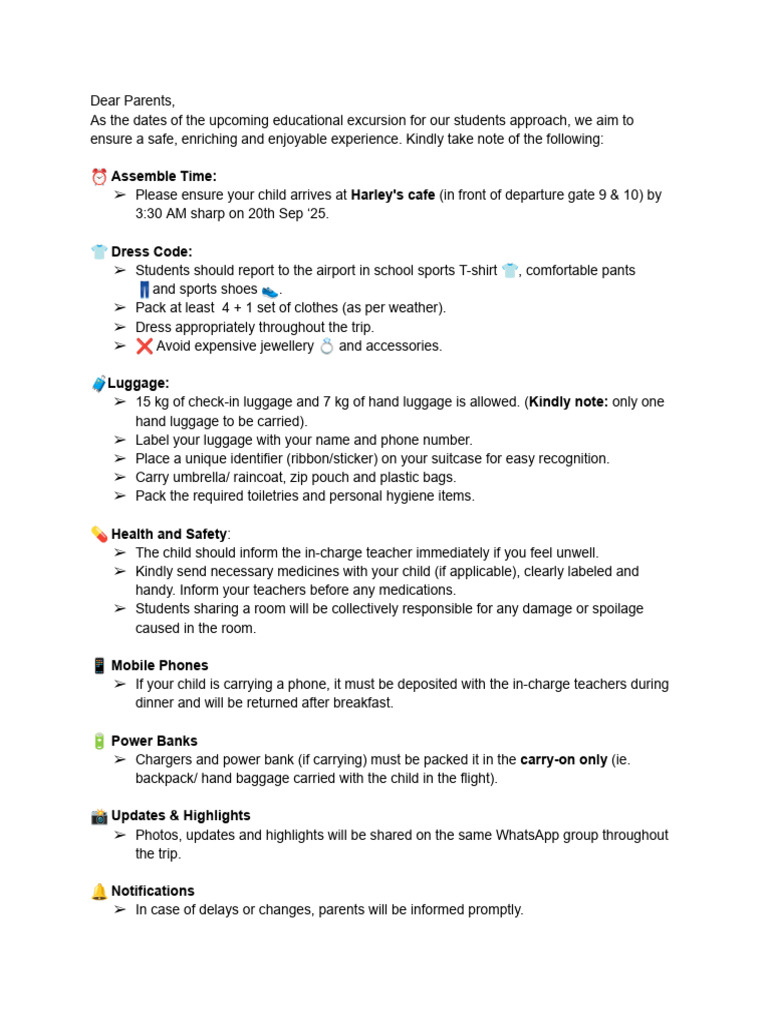 Student Excursion Guidelines and Details | PDF