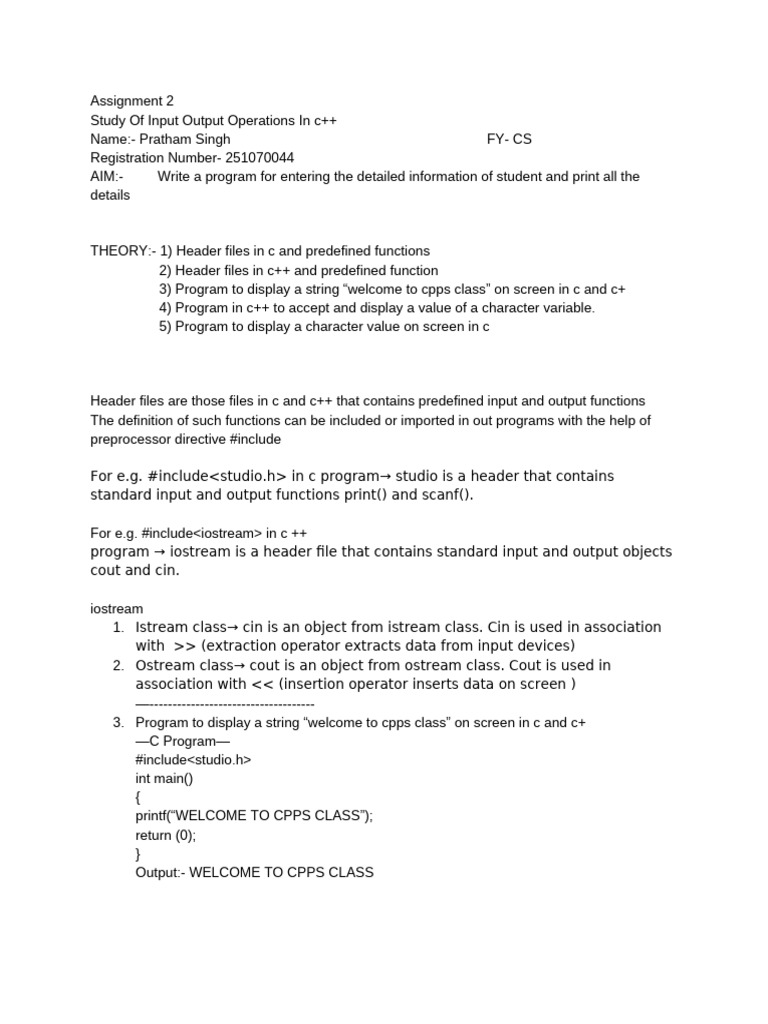 Assignment 2 Study of Input Output Operations in C++ | PDF | C++ ...