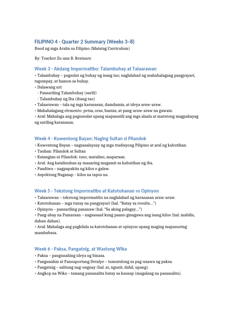 Filipino q2 w3-w8 Summary | PDF