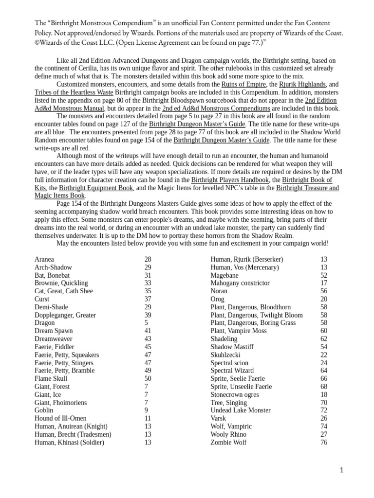 Birthright Monstrous Compendium Guide | PDF