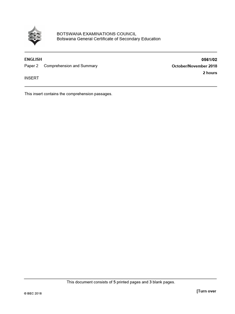 BGCSE English Paper 2 Comprehension Insert | PDF | Botswana | Hotel