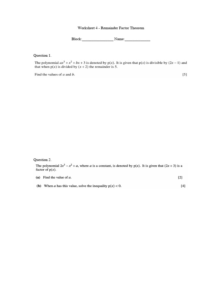 Worksheet 4 - Remainder Factor Theorem | PDF