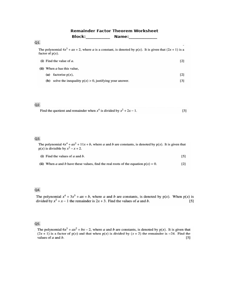 Remainder Factor Theorem Worksheet | PDF