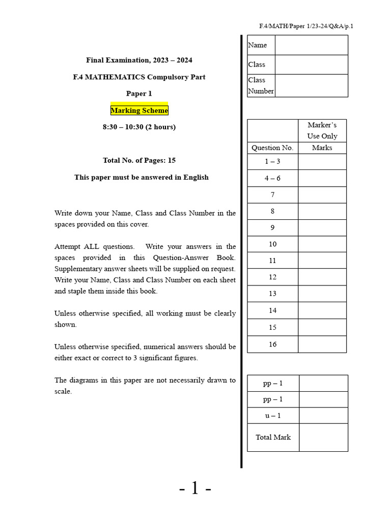 F.4 Mathematics Paper 1 Marking Scheme | PDF | Sphere | Polynomial