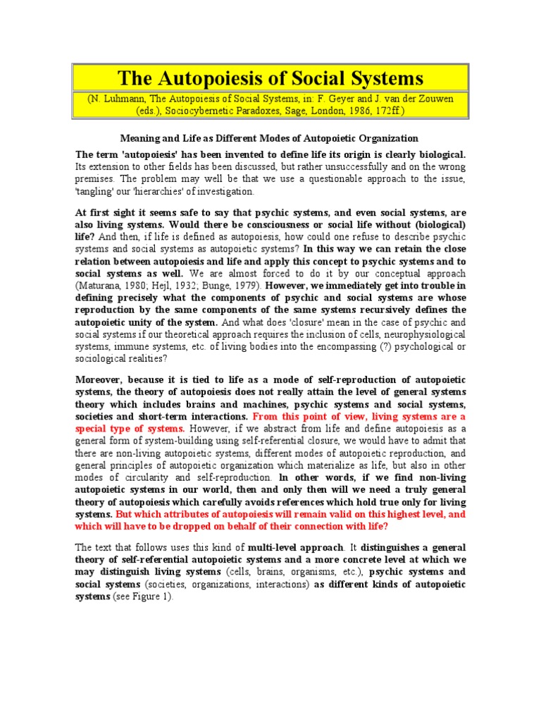 Autopoiesis in Social Systems Theory | PDF | System | Theory
