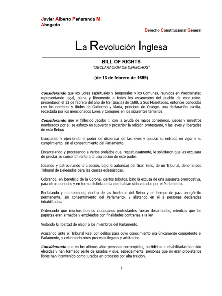 Bill of Rights (1689) | PDF | Parlamento | Parlamento del Reino Unido