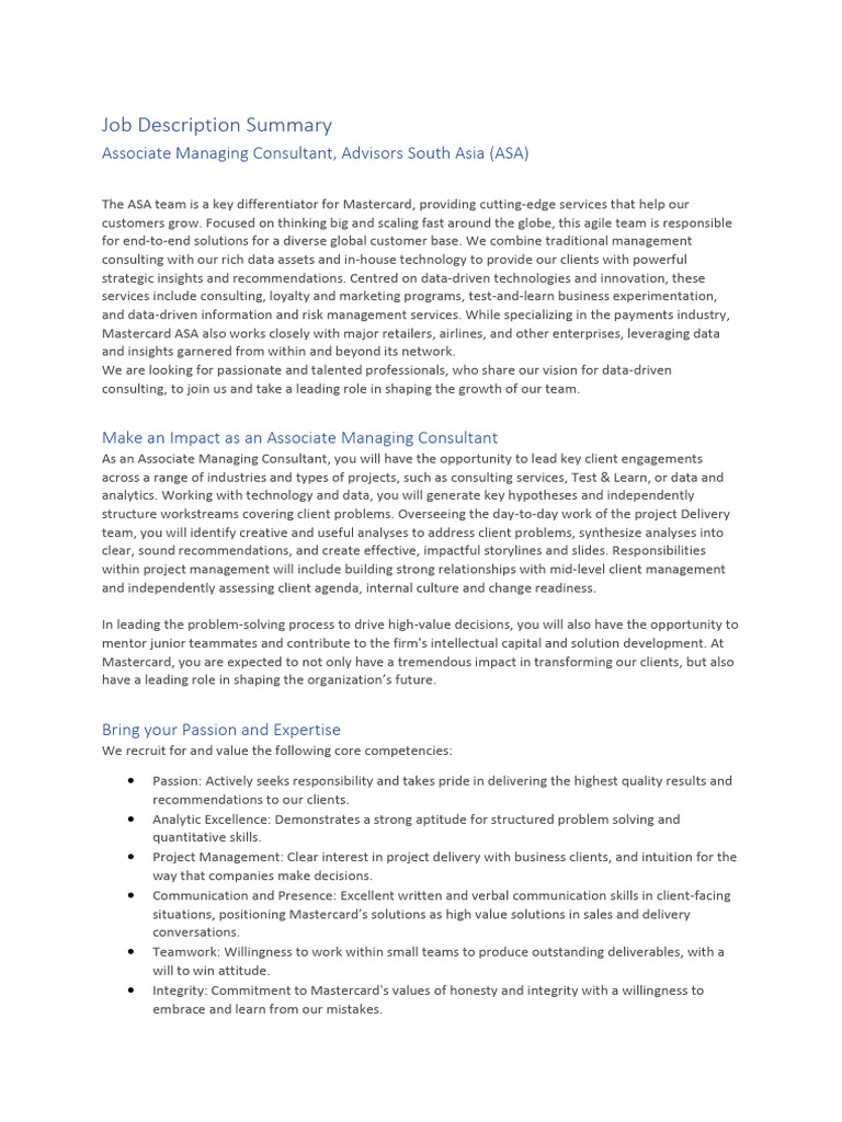 Associate Managing Consultant Job Description | PDF | Analytics ...