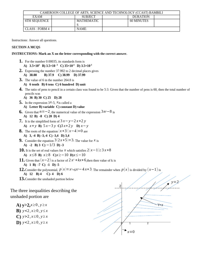 CCAST Form 4 Mathematics Exam Paper | PDF | Numbers | Inequality ...