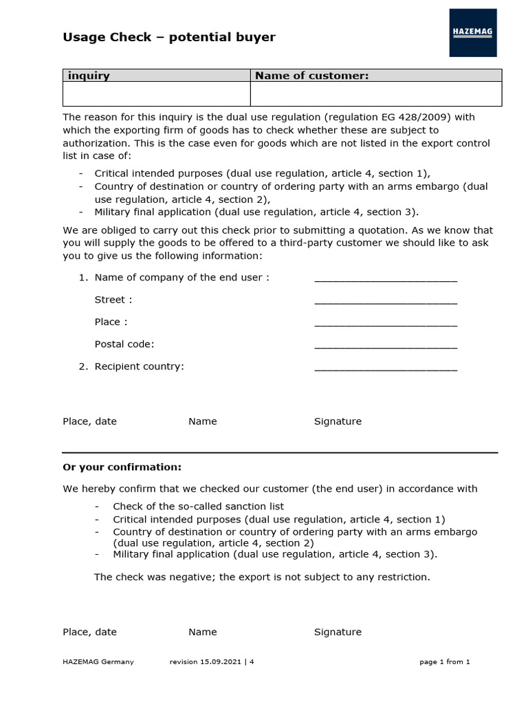 Dual Use Regulation Inquiry Form | PDF