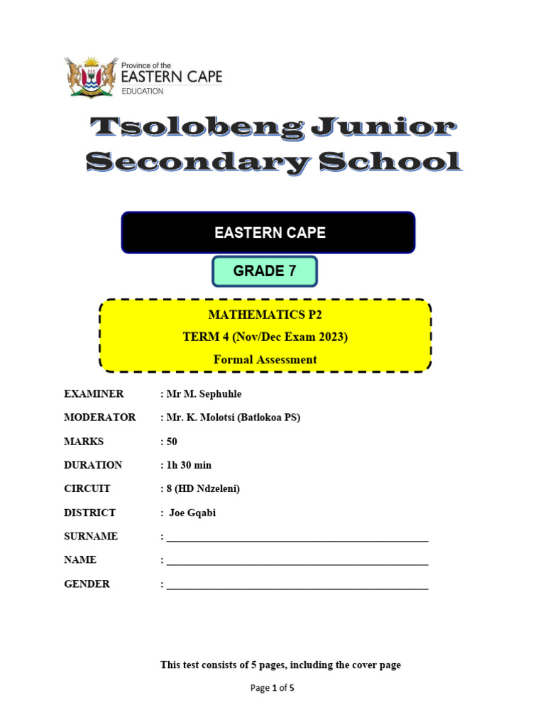 Tsolobeng JSS Grade 7 Mathematics P2 Final Exam 2023 | PDF | Volume