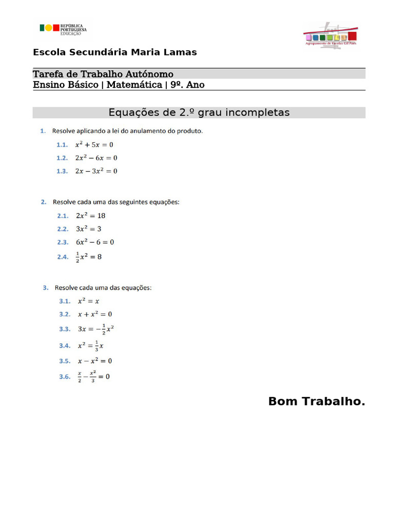 Equações de 2.º Grau Incompletas - 9º Ano | PDF