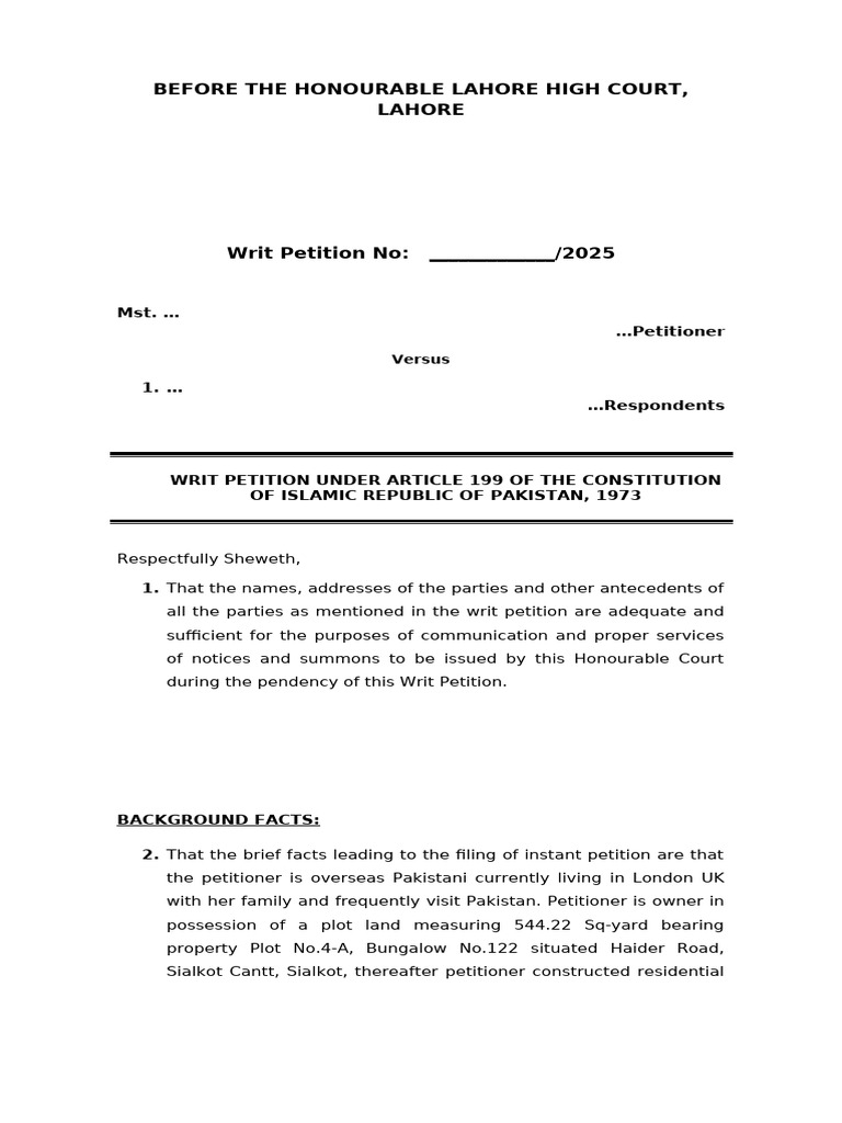 Writ Petition Against Unauthorized Construction | PDF | Presidents Of ...