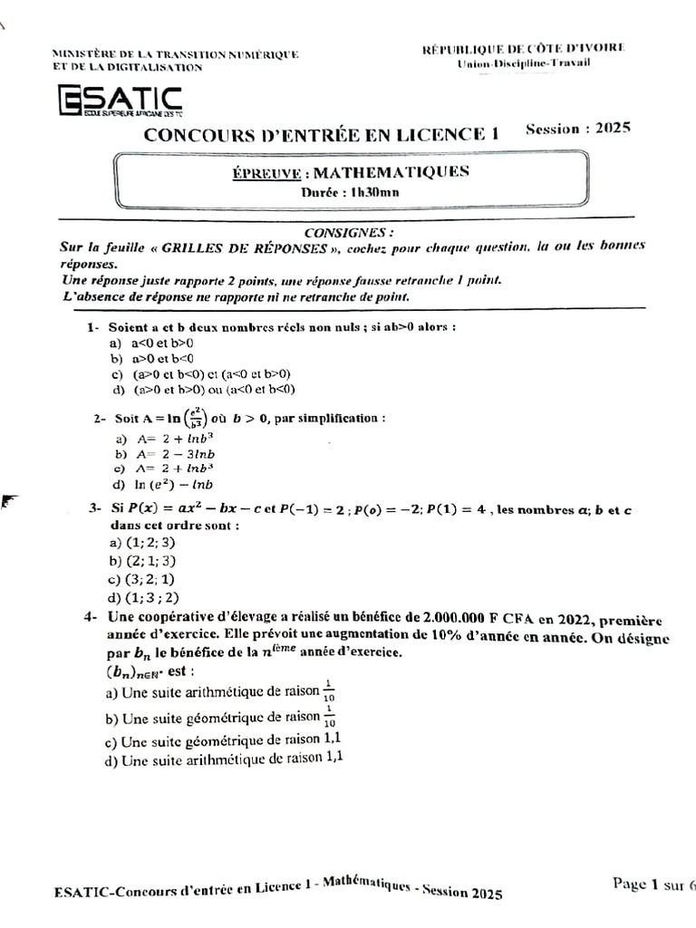 Concours ESATIC Licence 1 - Mathématiques 2025 | PDF | Analyse ...