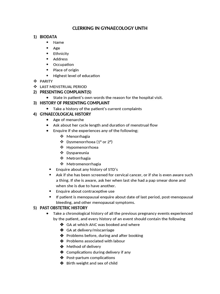 Clerking in Gynaecology Unth | PDF | Childbirth | Gynaecology