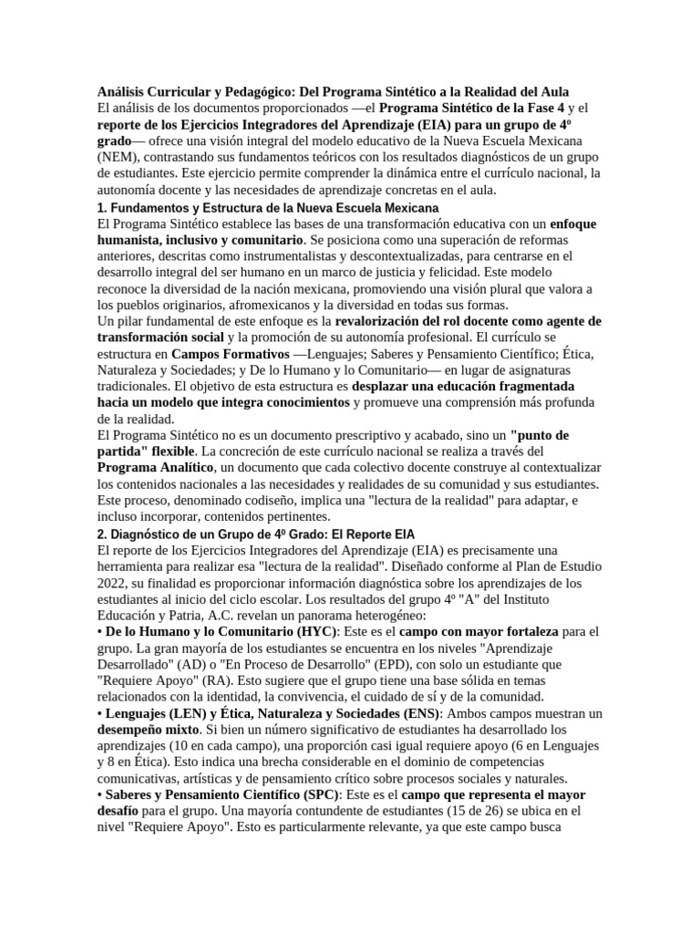 Análisis del Currículo en 4º Grado NEM | PDF | Plan de estudios | Maestros
