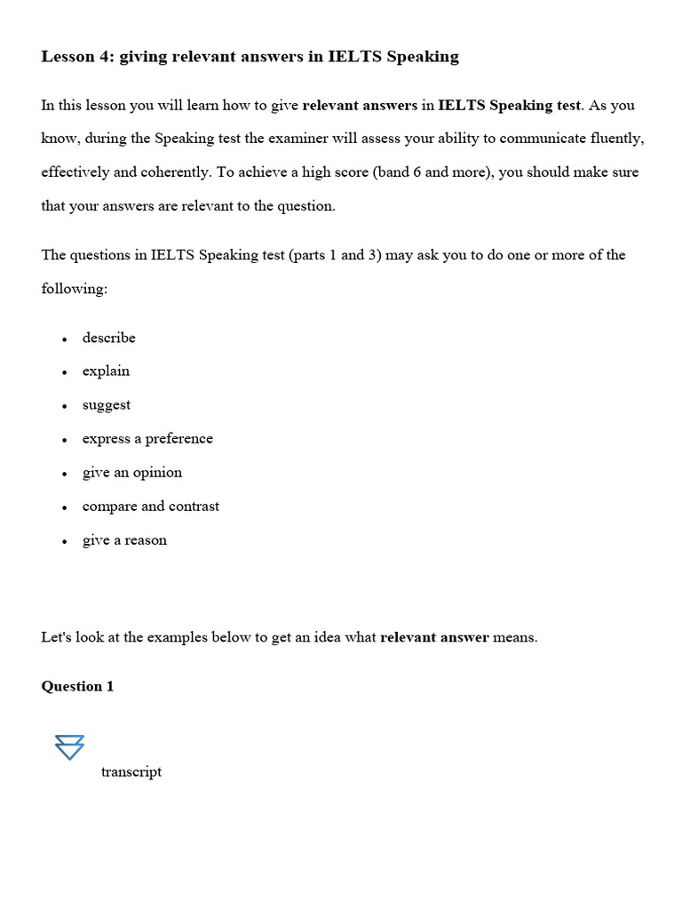 Lesson 4 Giving Relevant Answers in IELTS Speaking | PDF | Cognition