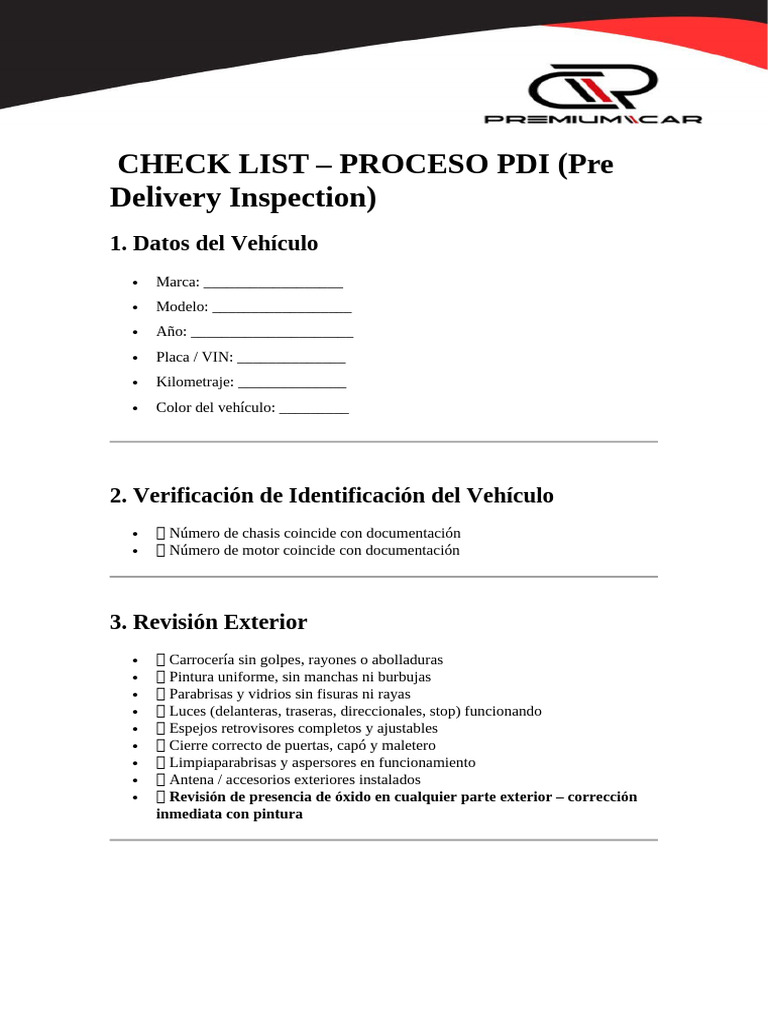 Checklist Completo para Inspección PDI | PDF | Tecnologías automotrices ...