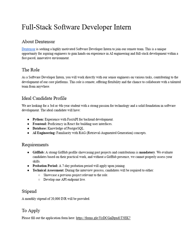 Full-Stack Developer Intern at Dentensur | PDF