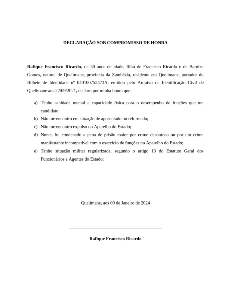 Declaração de Honra para Universidade | PDF