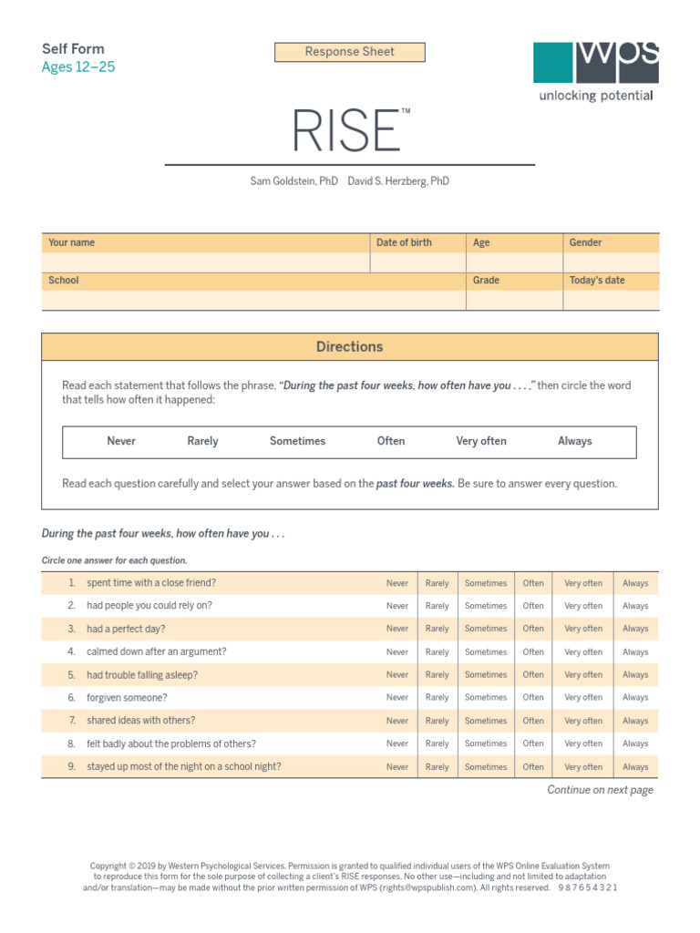 RISE Response Sheet for Ages 12-25 | PDF
