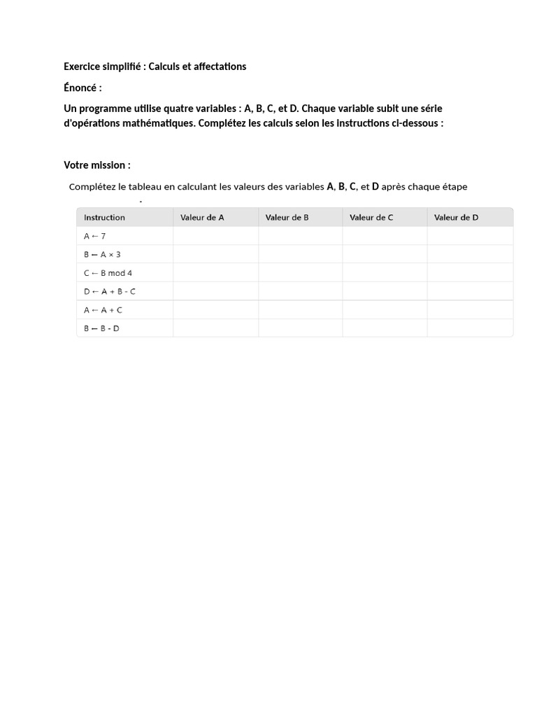 Calculs des variables A, B, C et D | PDF