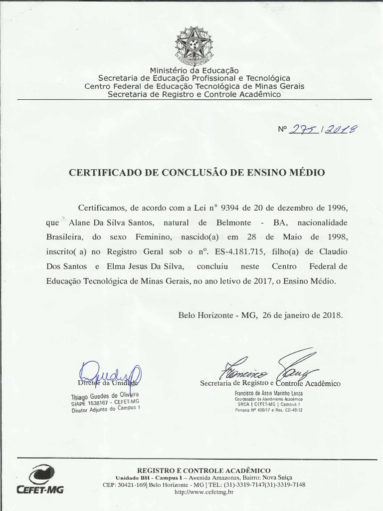 Certificado de Conclusão do Ensino Médio | PDF