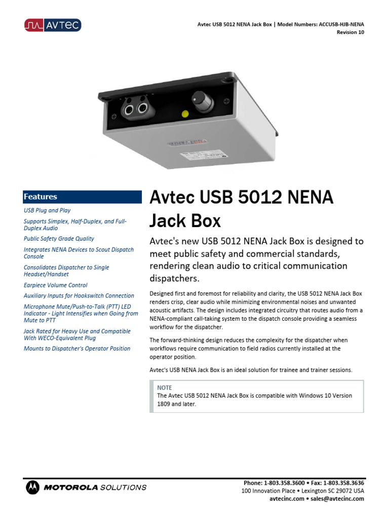 Avtec USB 5012 NENA Jack Box Overview | PDF | Usb | Microphone
