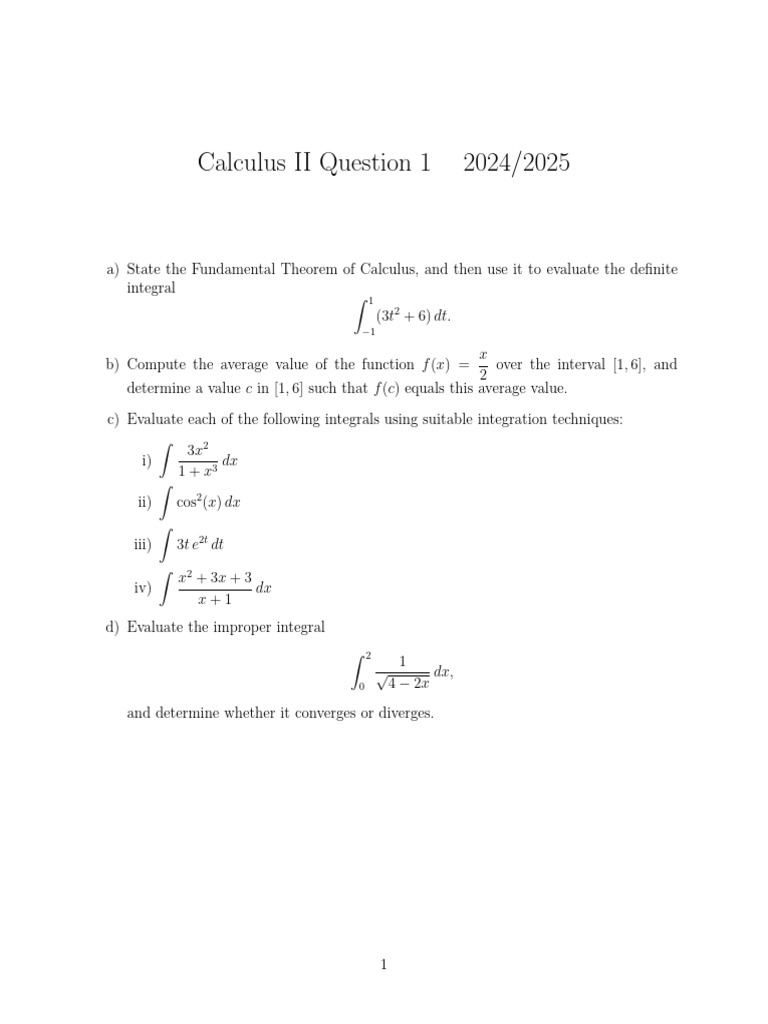 Calculus II Integral and Average Value Problems | PDF