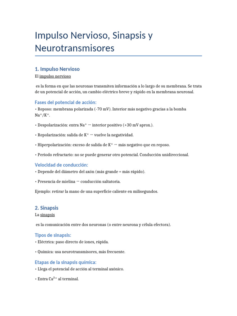 Impulso Nervioso y Neurotransmisores | PDF | Sinapsis | Potencial de acción